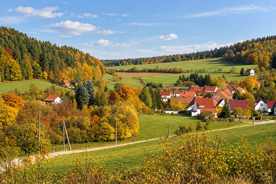 Bechstedt im Herbst: rote Dächer zwischen goldenem Laub, eingebettet in Wiesen und bewaldete Hänge